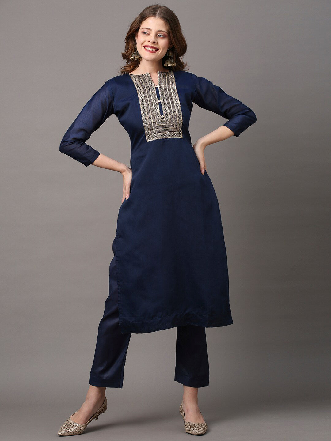 Saree Mall Navy Blue & Gold-Toned Embroidered Unstitched Dress Material