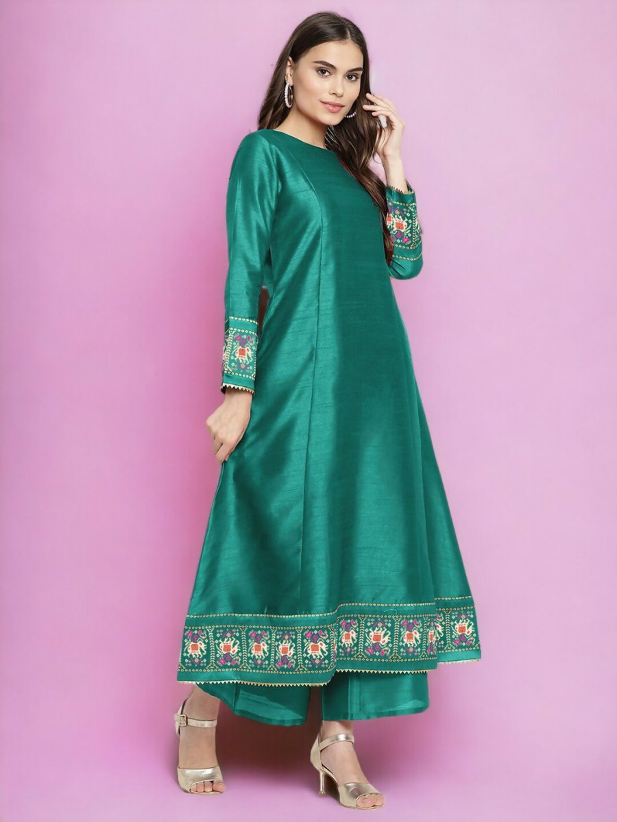 Ahalyaa Women Sea Green Printed Gotta Patti Kurti with Palazzos & Dupatta - Sea Green