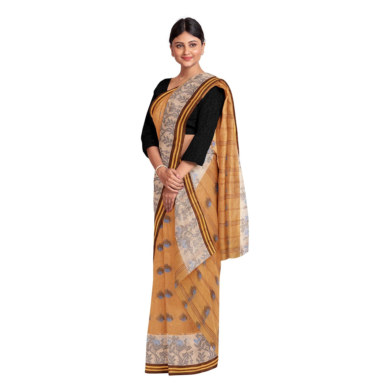 Exclusive Collection 100% Pure Cotton Biege Tant Saree With Hand Weaving Work