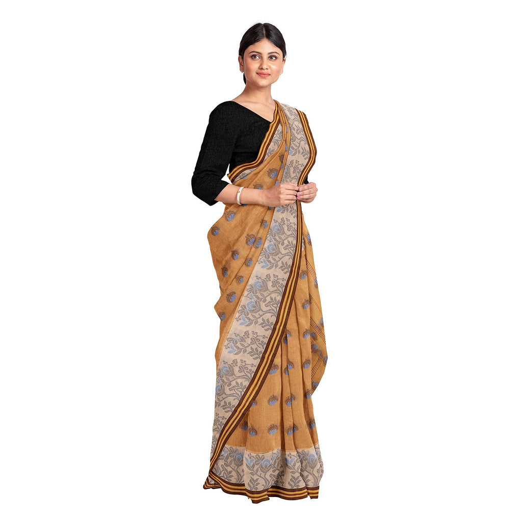 Exclusive Collection 100% Pure Cotton Biege Tant Saree With Hand Weaving Work