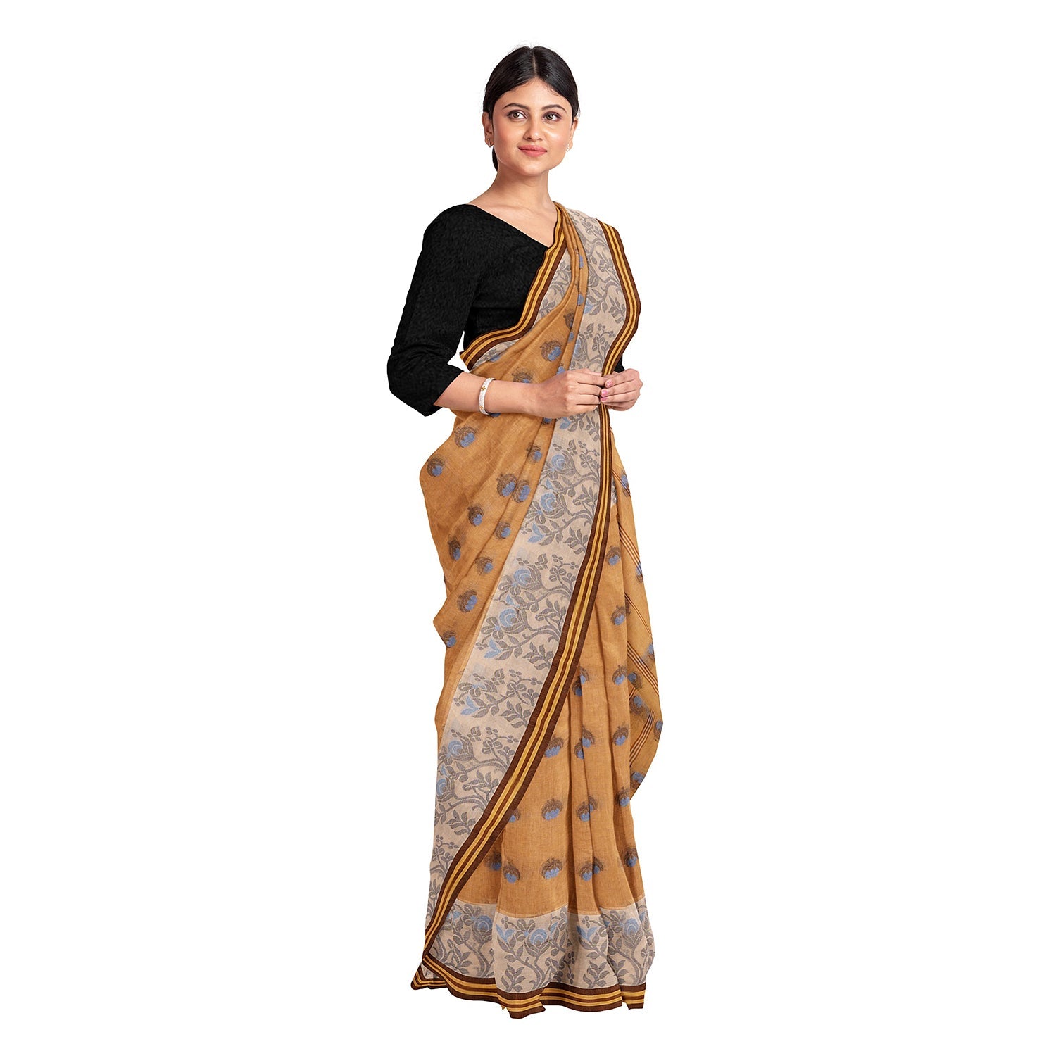 Exclusive Collection 100% Pure Cotton Biege Tant Saree With Hand Weaving Work