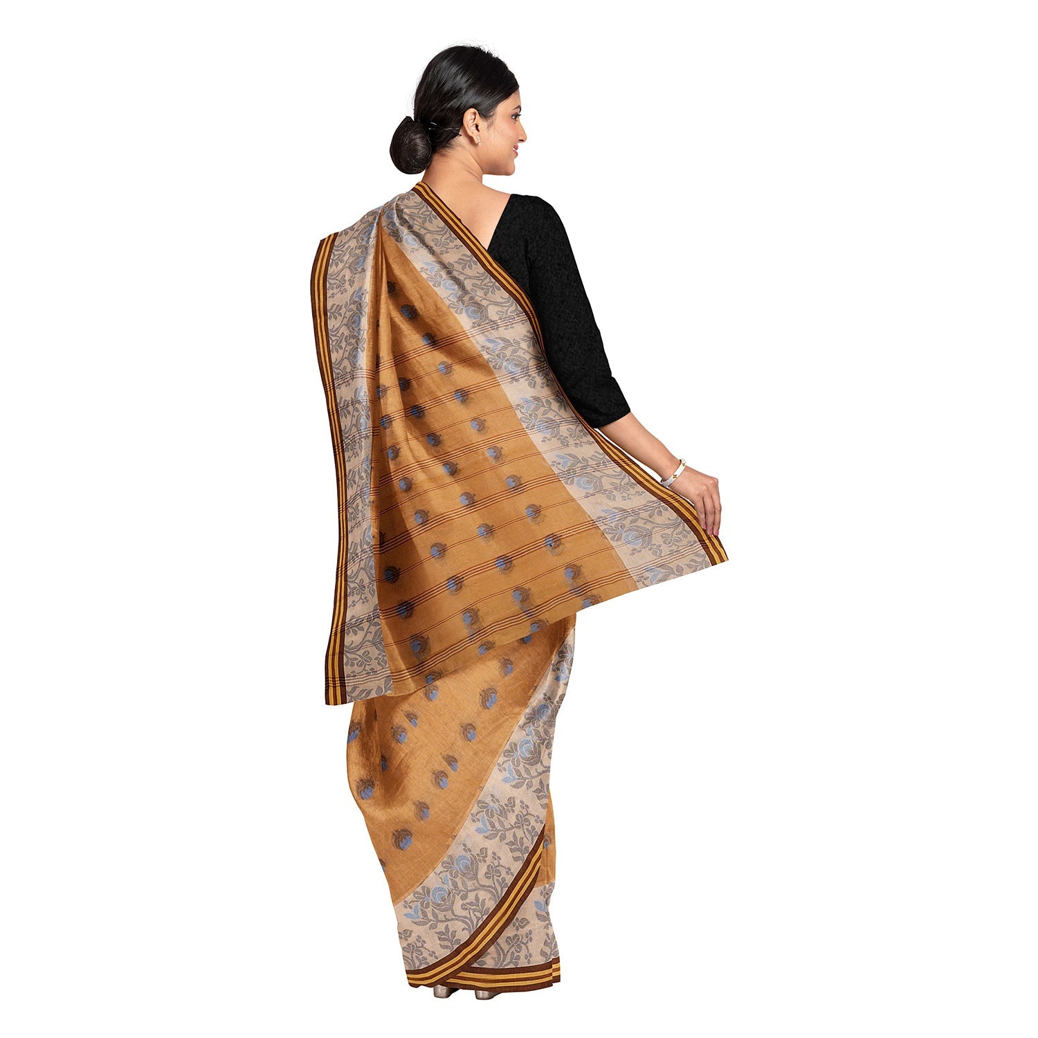 Exclusive Collection 100% Pure Cotton Biege Tant Saree With Hand Weaving Work