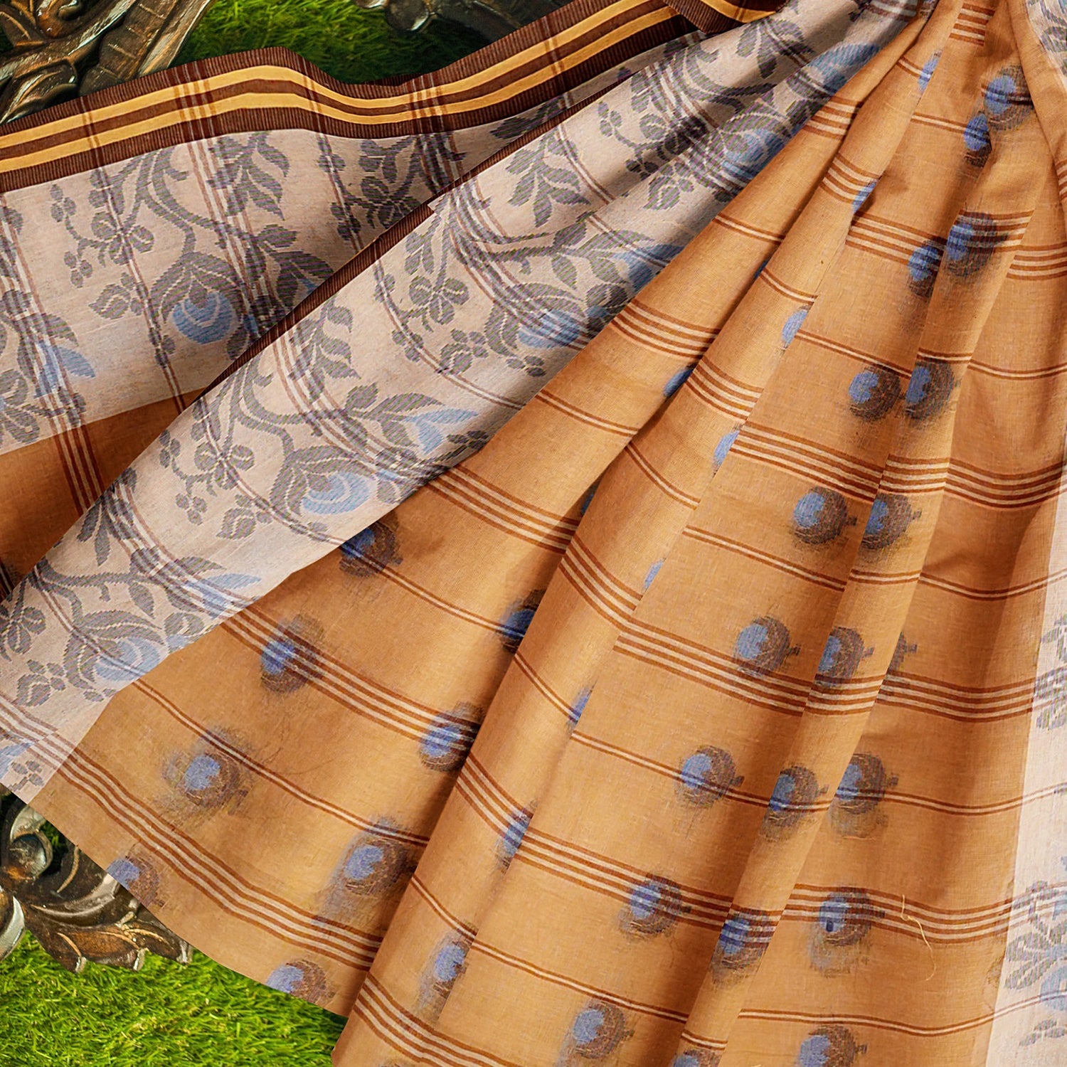 Exclusive Collection 100% Pure Cotton Biege Tant Saree With Hand Weaving Work