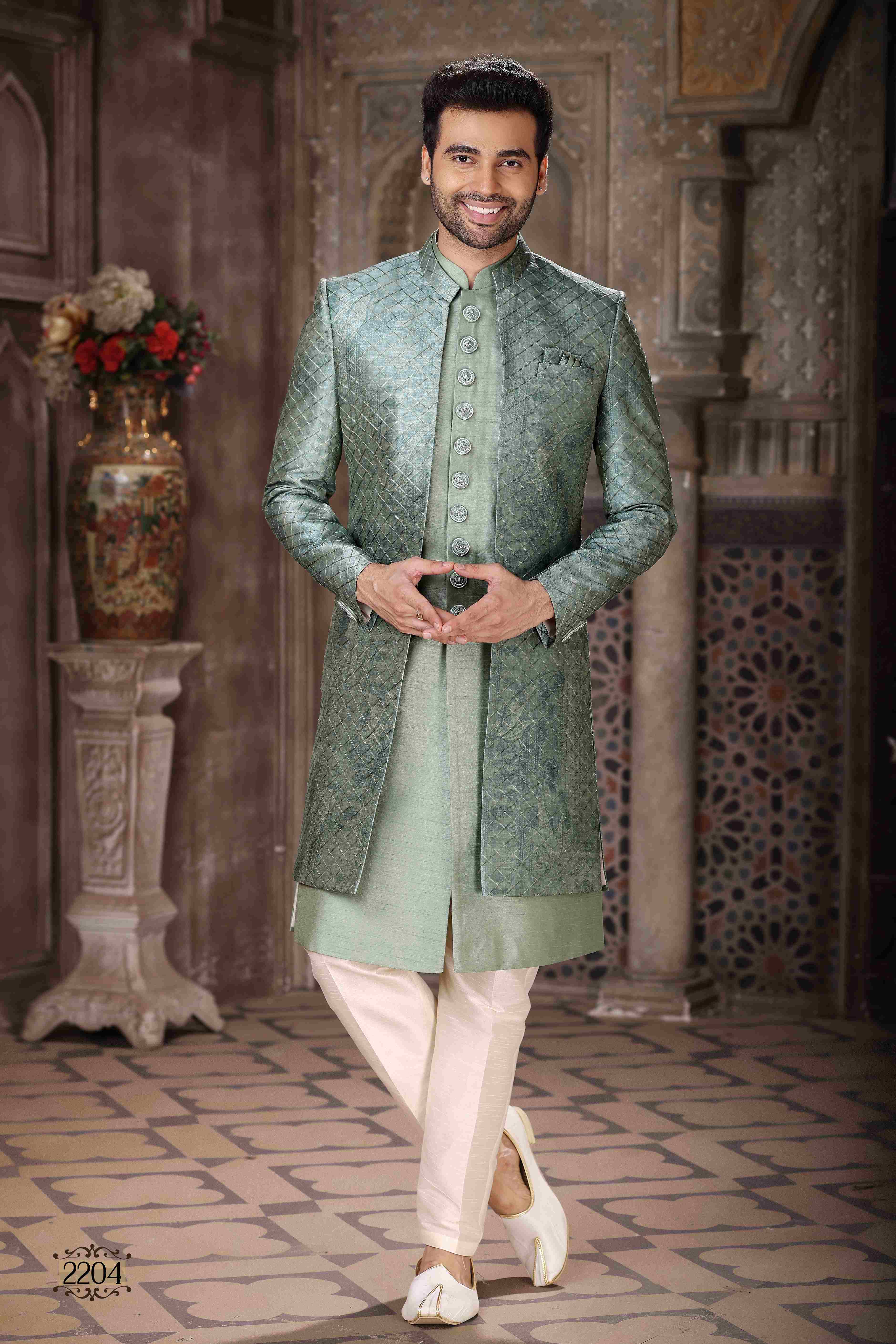 Raivat Ethnic Art Silk Embroidery Work 3 Pcs Indo Jacket Set In Green Colour