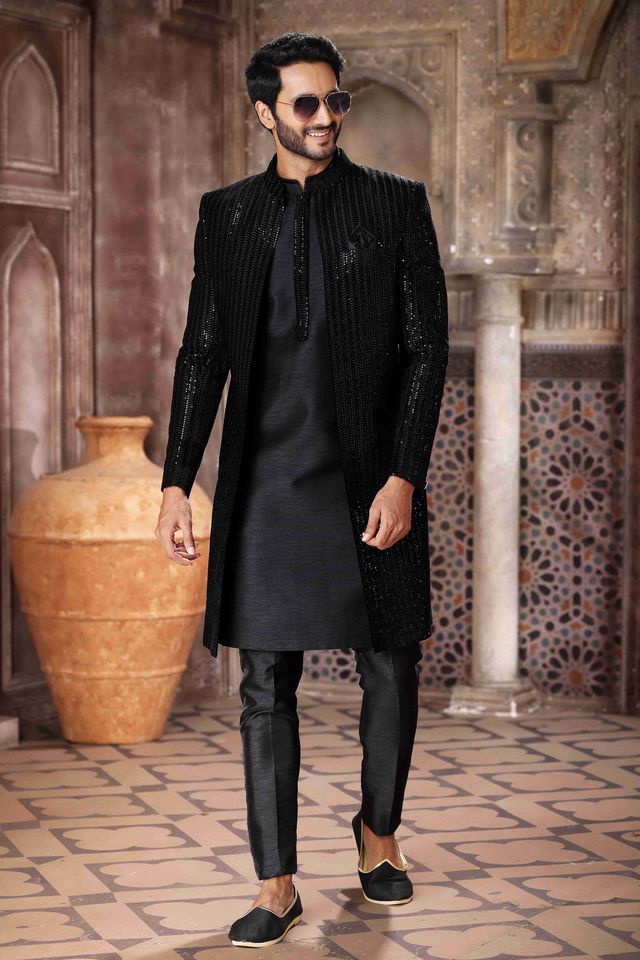 Raivat Ethnic Velvet and Art Silk Embroidery Work 3 Pcs Indo Jacket Set In Black Colour