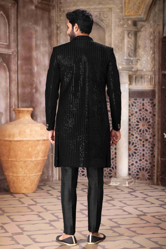 Raivat Ethnic Velvet and Art Silk Embroidery Work 3 Pcs Indo Jacket Set In Black Colour