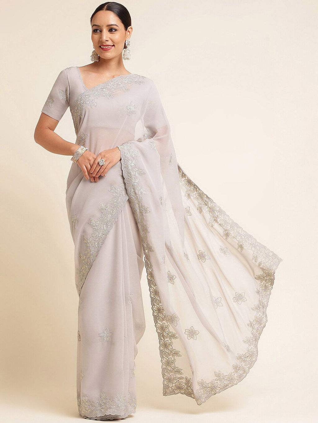 kasee Floral Embroidered Poly Gerogette Saree