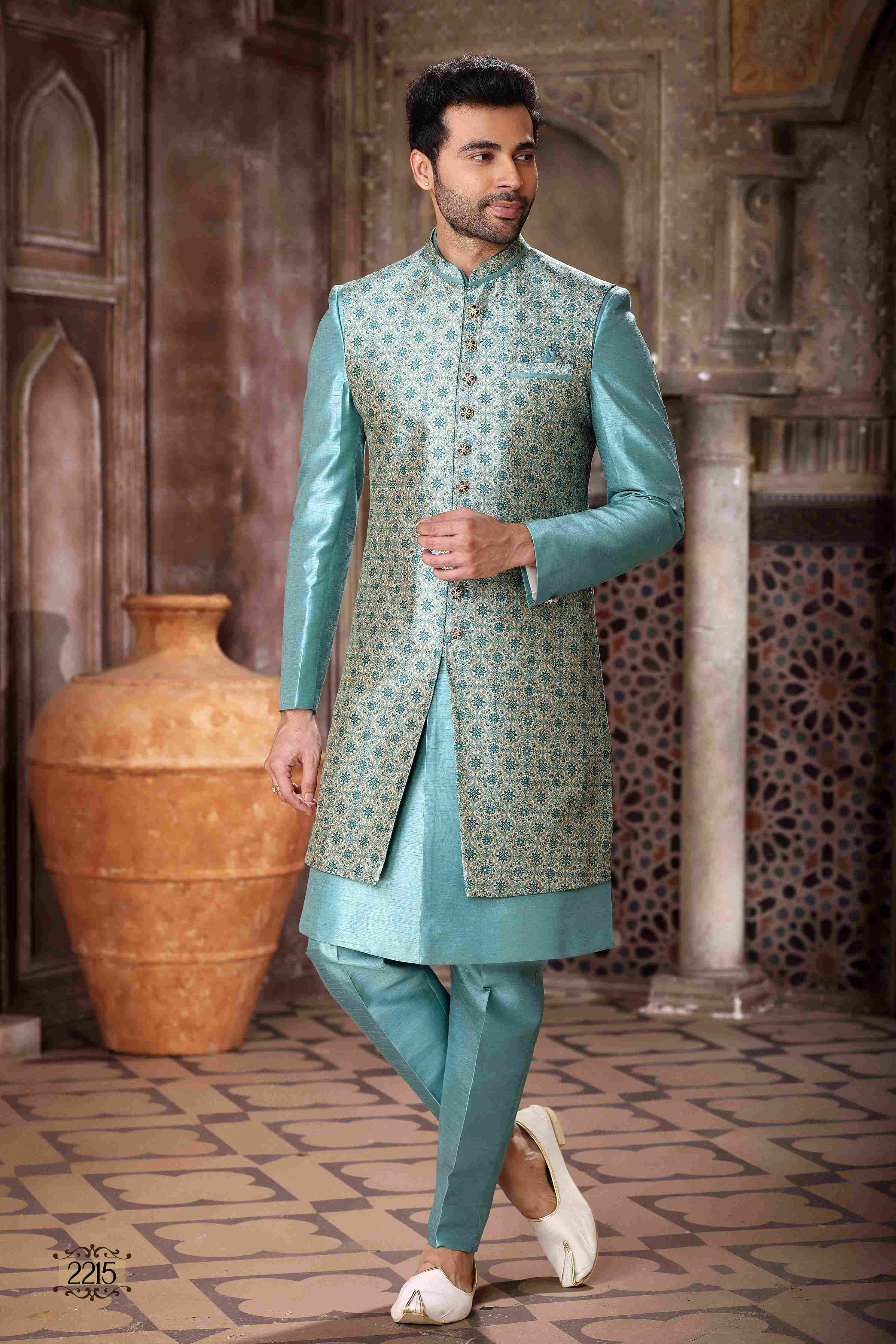 Raivat Ethnic Art Silk Embroidery Work 3 Pcs Indo Jacket Set In Sky Blue Colour