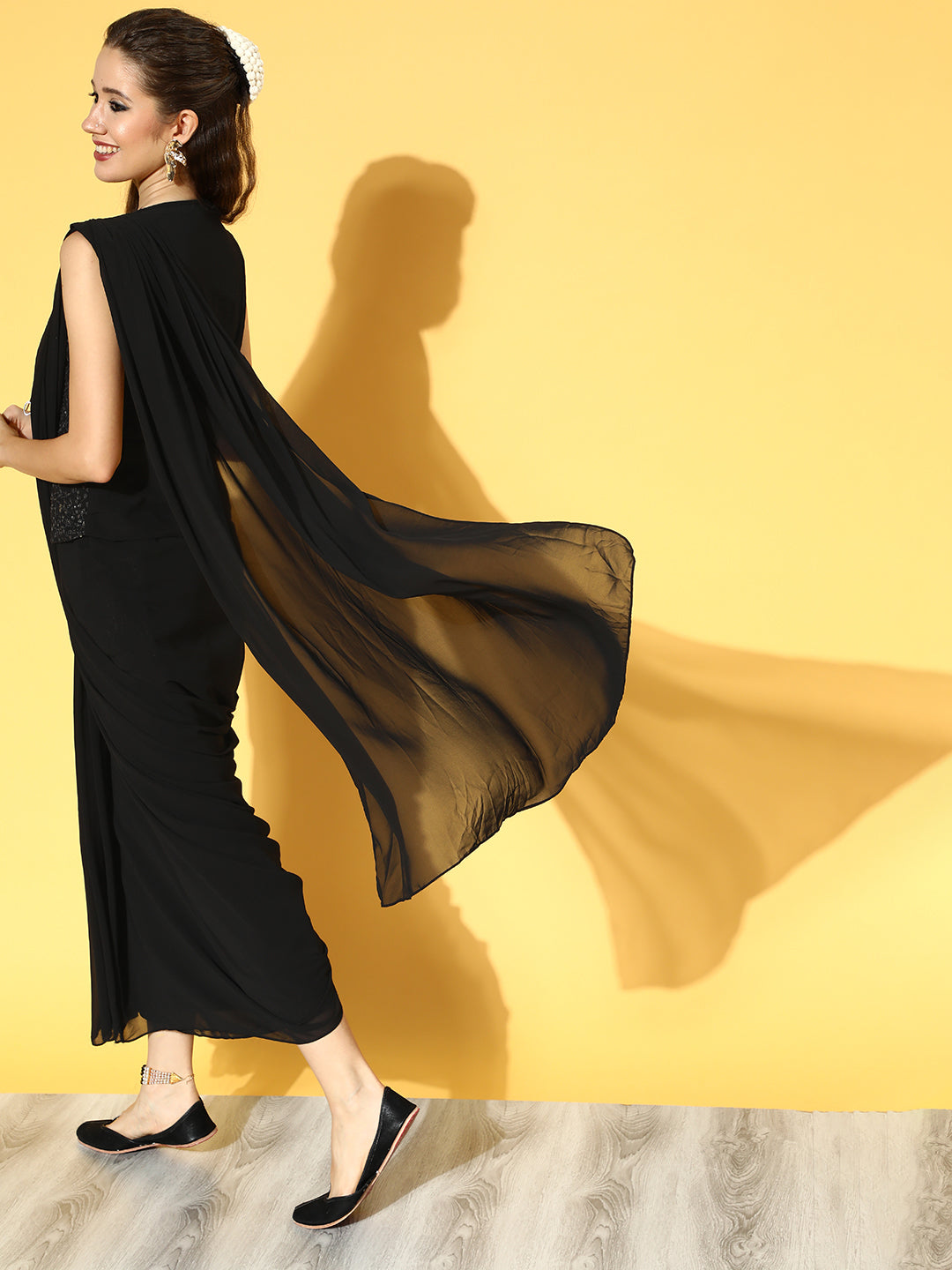 Juniper Women Black Georgette Embellished Saree Style Dress