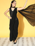 Juniper Women Black Georgette Embellished Saree Style Dress