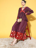 InWeave Women's Wine Red Brocade Mughal Shaan Kurta Palazzo Set