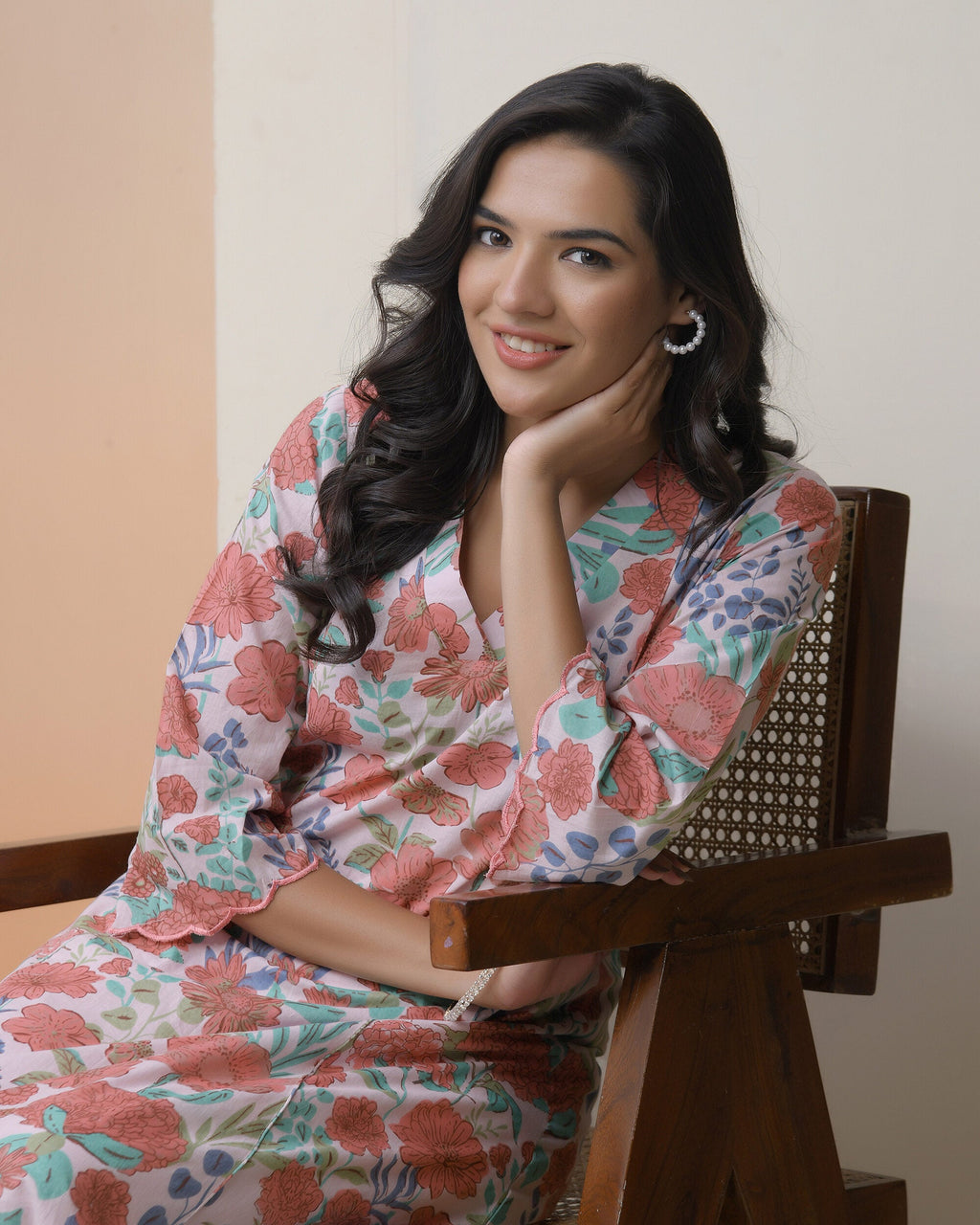 Vaasva Women Peach Floral Cotton Printed Flare Kurti