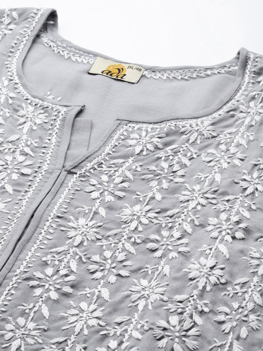 ADA Women Plus Size Grey Floral Embroidered Chikankari Kurta