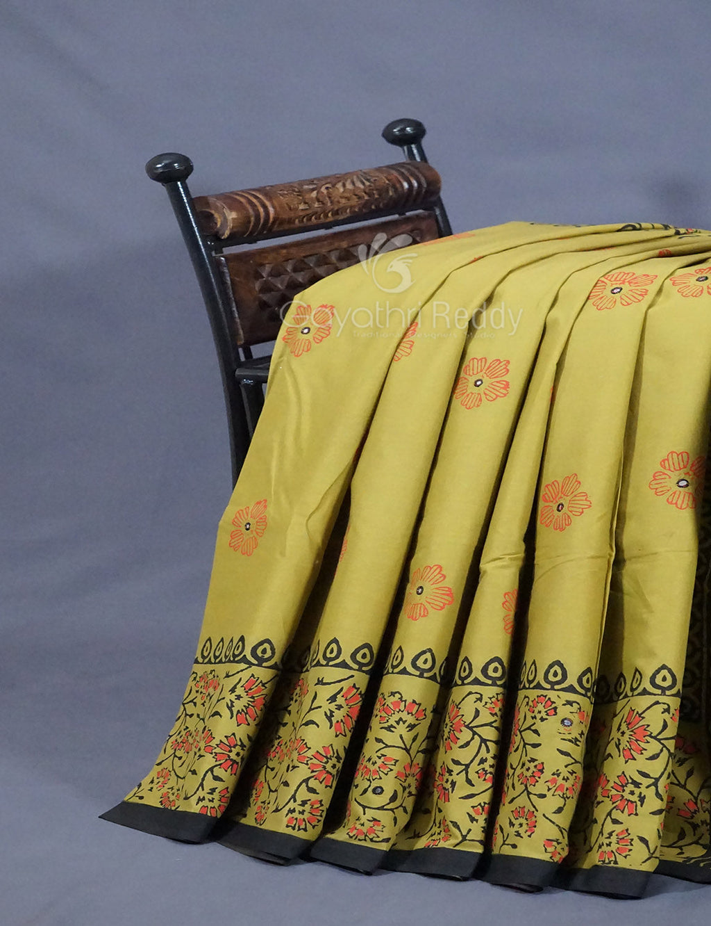 Mehndi Green Colour Block Print With Mirron Embroidered Pure Mulmul Cotton Saree By Gayathri Reddy Designer Studio