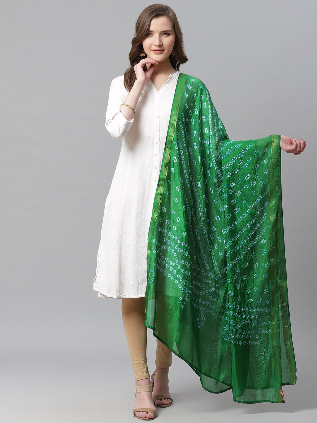 Juniper Women Green Shantoon Bandhani Na Dupatta
