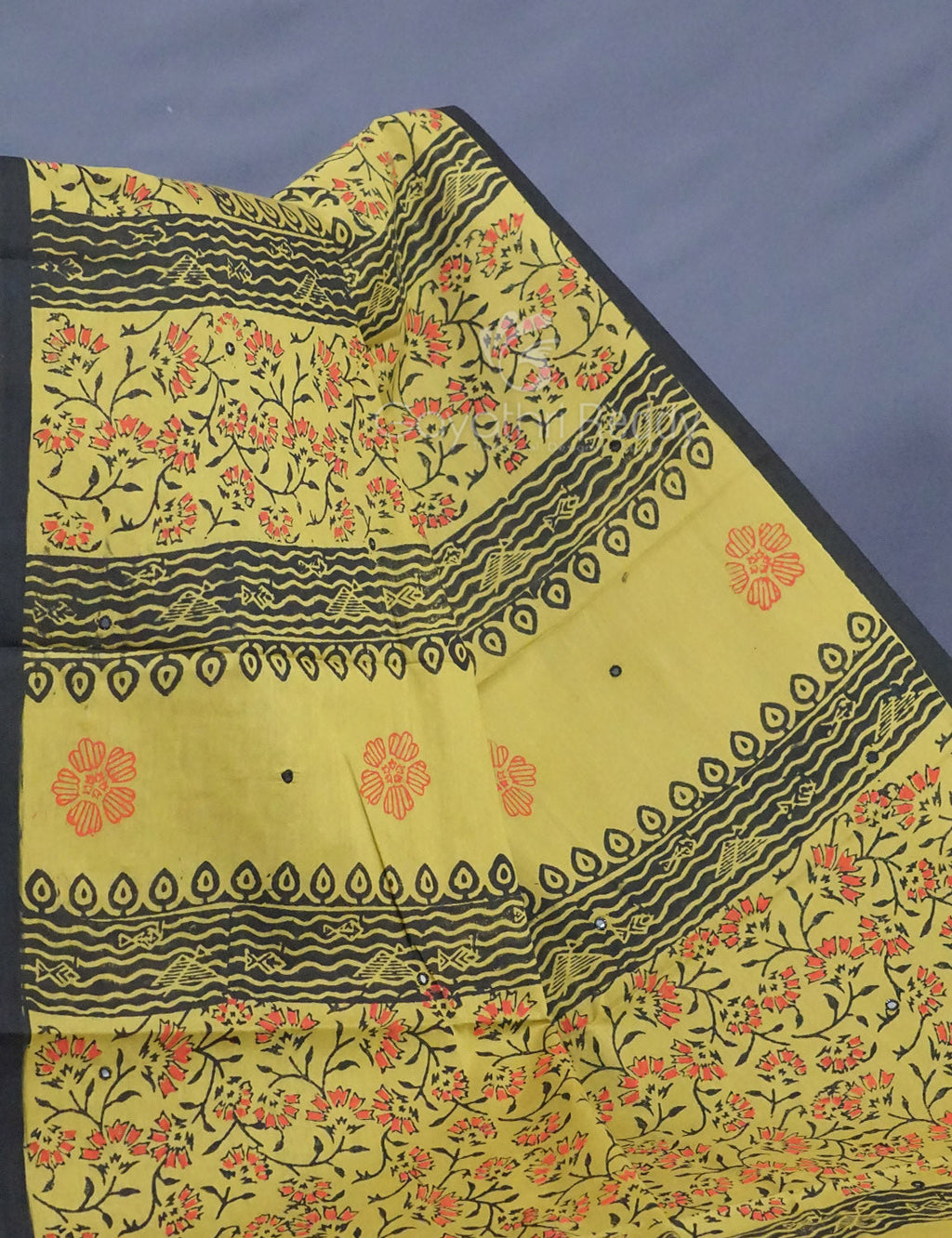 Mehndi Green Colour Block Print With Mirron Embroidered Pure Mulmul Cotton Saree By Gayathri Reddy Designer Studio