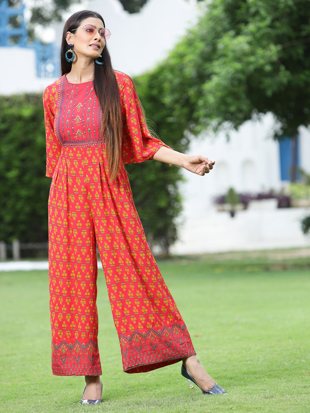 Juniper Women`s Coral Rayon Printed Regular Jumpsuit