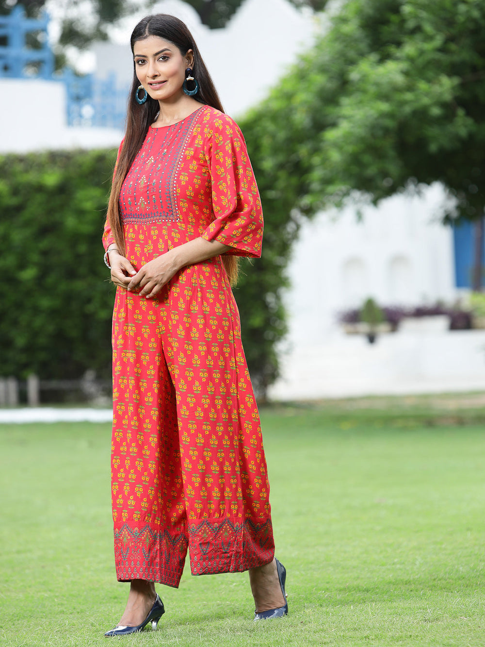 Juniper Women`s Coral Rayon Printed Regular Jumpsuit