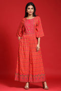 Juniper Women`s Coral Rayon Printed Regular Jumpsuit