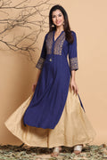 Juniper Women's Indigo Geometric Printed Rayon Kurta With Tassels Detail