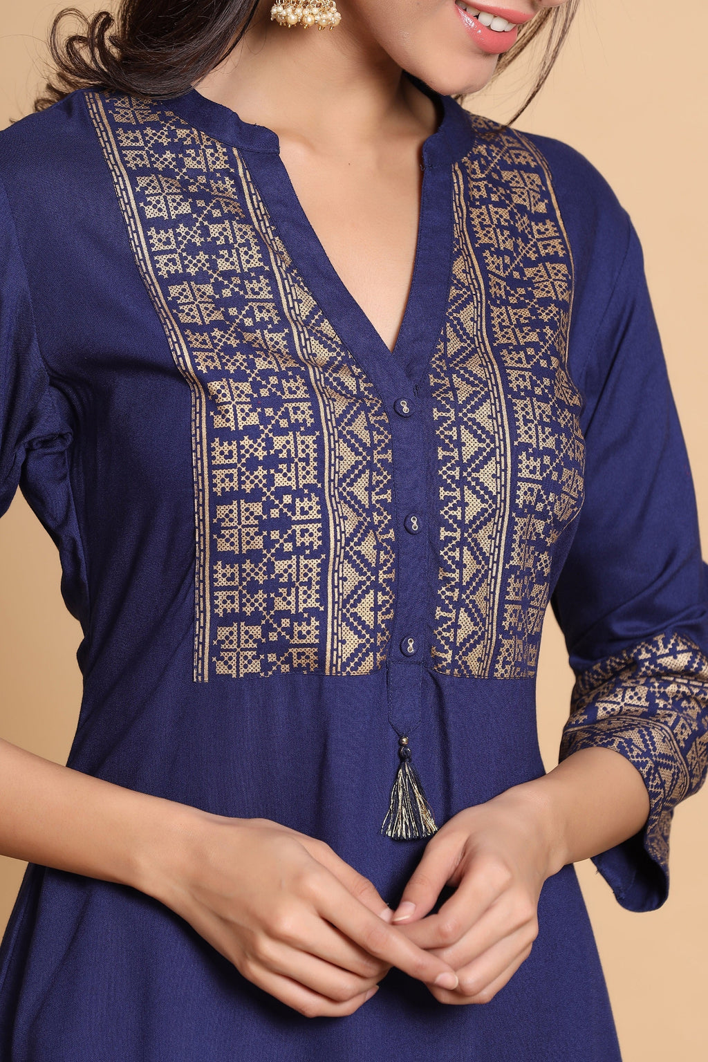 Juniper Women's Indigo Geometric Printed Rayon Kurta With Tassels Detail