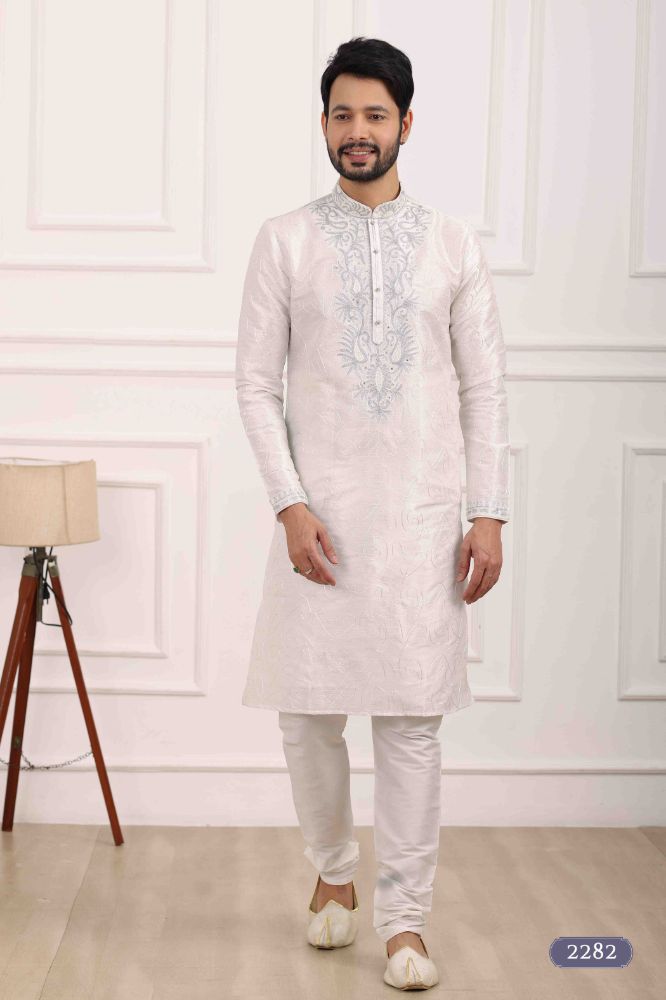 Raivat Ethnic Art Banarasi Silk Thread Work Kurta Pajama In Off White Colour