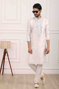 Raivat Ethnic Art Banarasi Silk Thread Work Kurta Pajama In Off White Colour