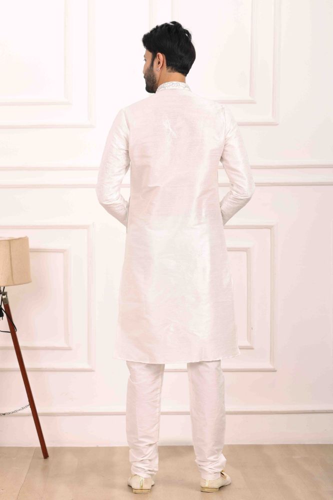 Raivat Ethnic Art Banarasi Silk Thread Work Kurta Pajama In Off White Colour