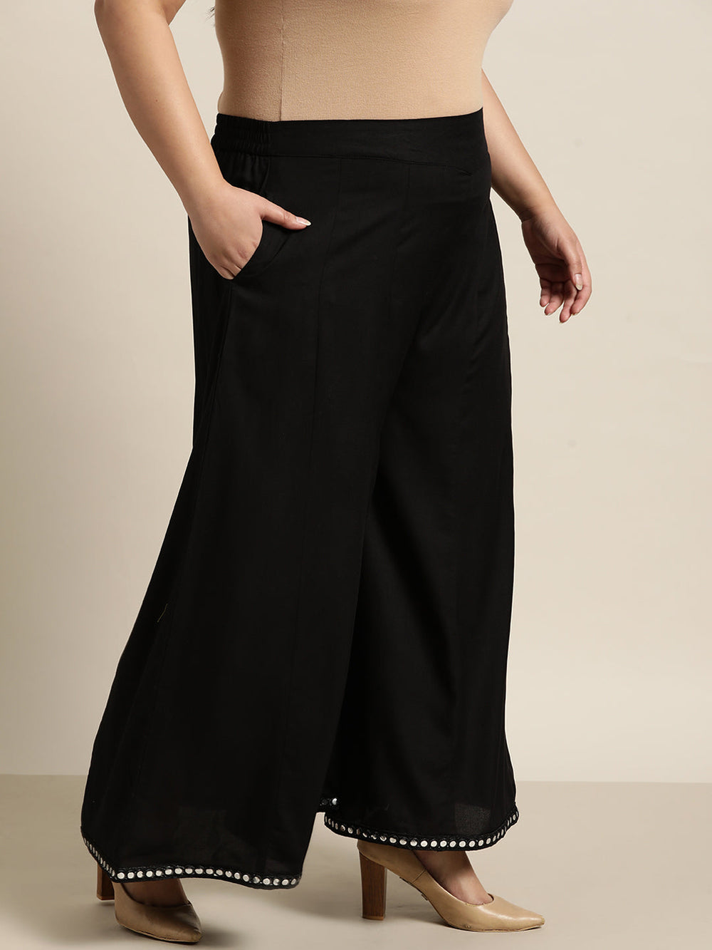 Juniper Women`s Black Rayon Daily Wear Solid Flared Palazzo