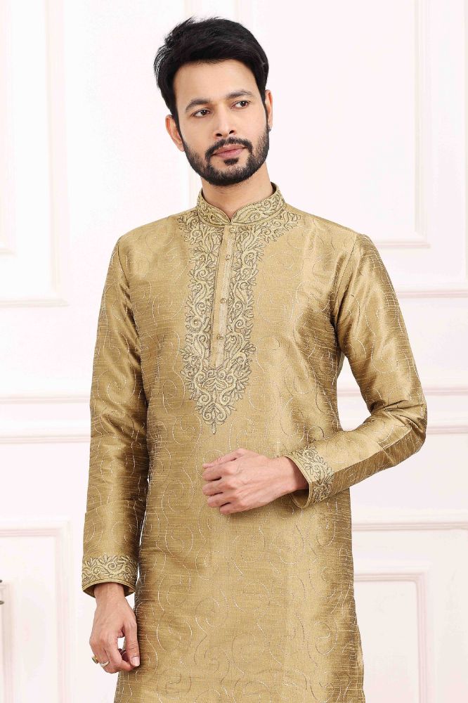 Raivat Ethnic Art Banarasi Silk Thread Work Kurta Pajama In Beige Colour