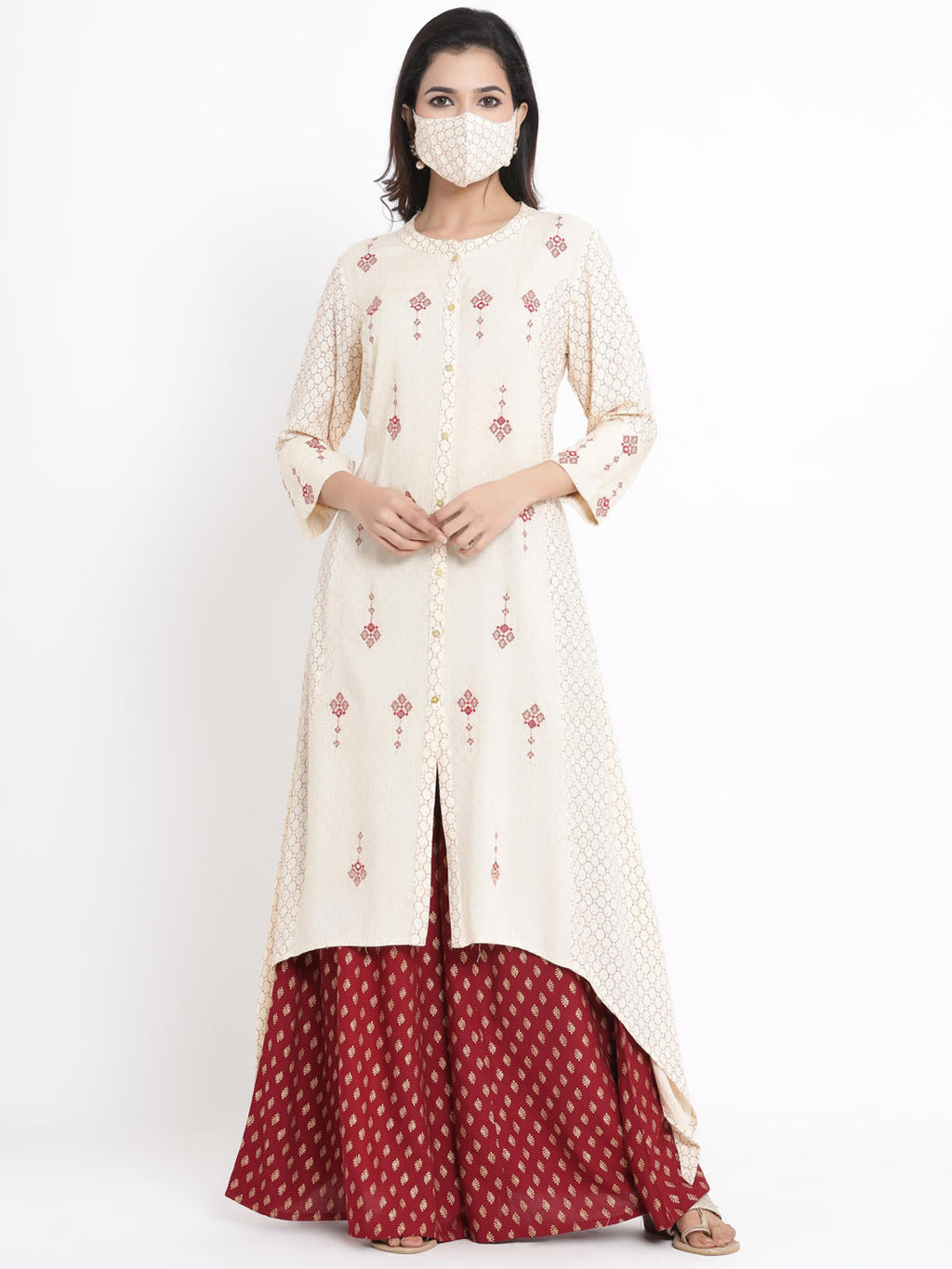 Juniper Women's Ivory Geometric Printed & Embroidered Rayon Kurta