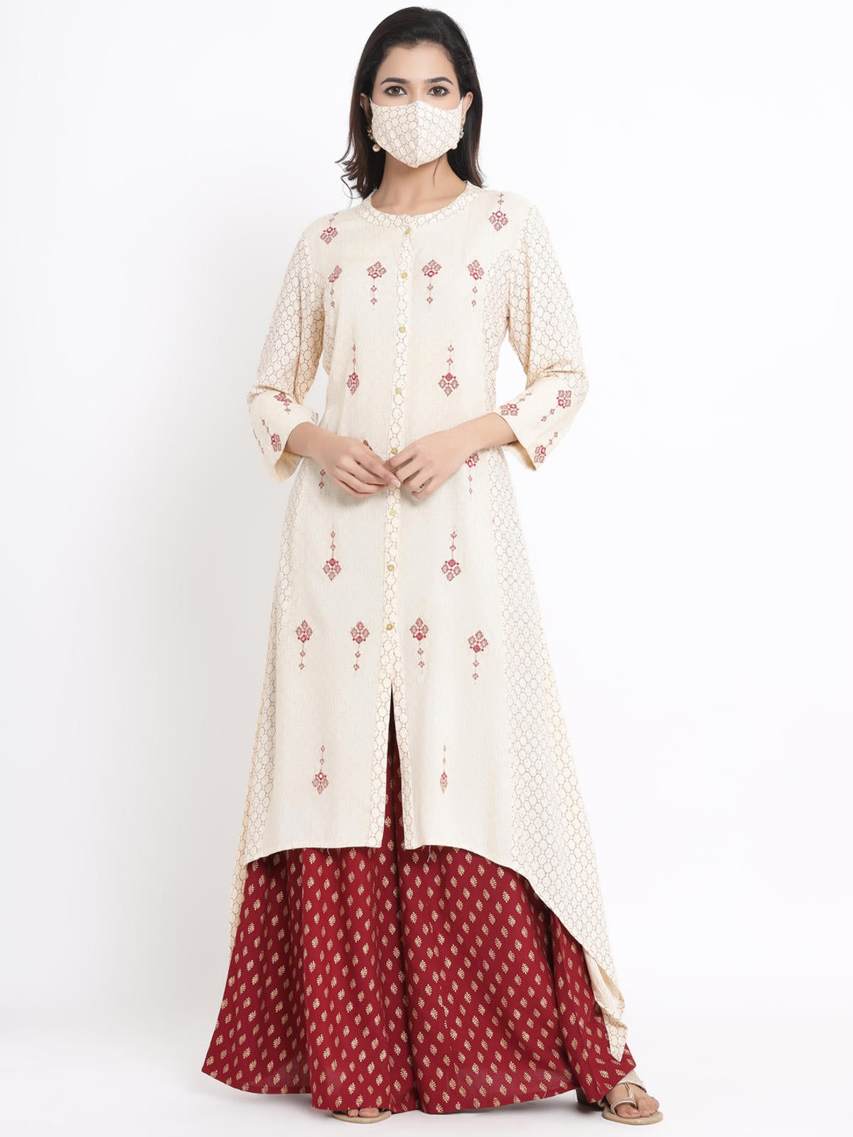 Juniper Women's Ivory Geometric Printed & Embroidered Rayon Kurta