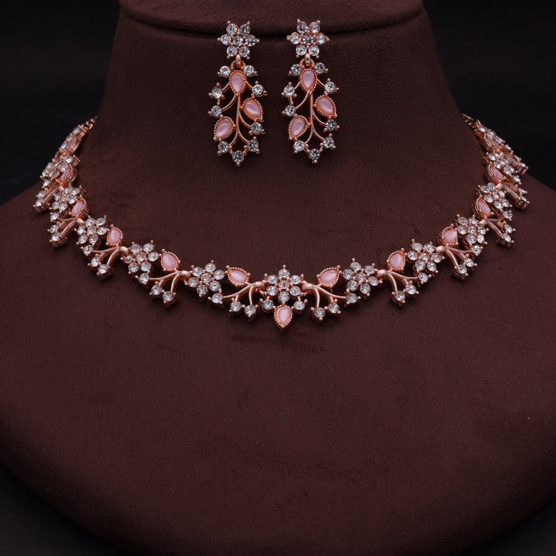 Tehzeeb Creations Brass, Stone, Crystal, Stainless Steel Gold-Polished Pink Jewel Set