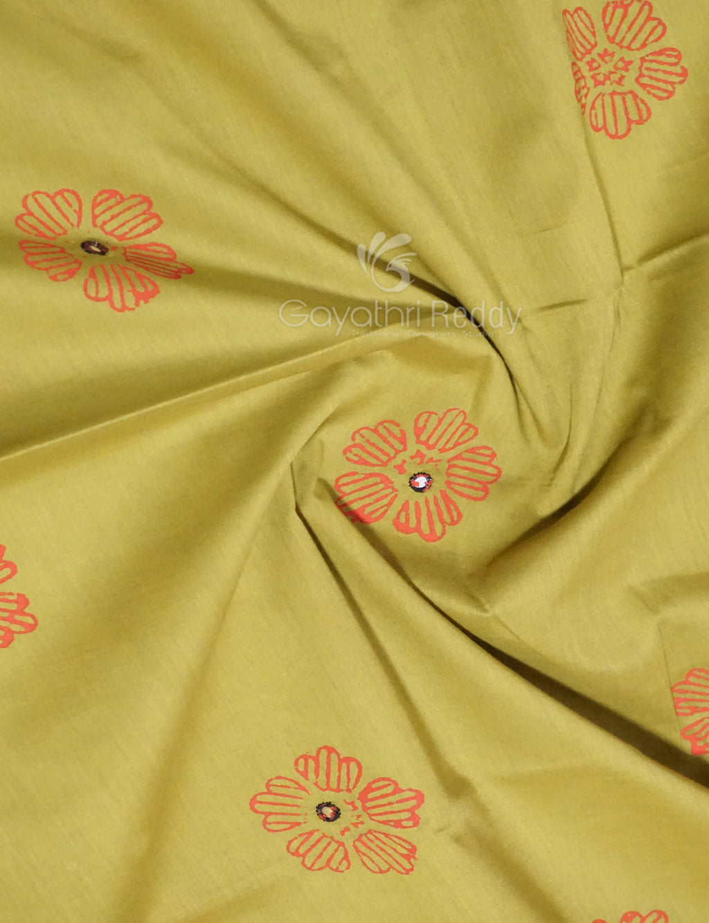 Mehndi Green Colour Block Print With Mirron Embroidered Pure Mulmul Cotton Saree By Gayathri Reddy Designer Studio