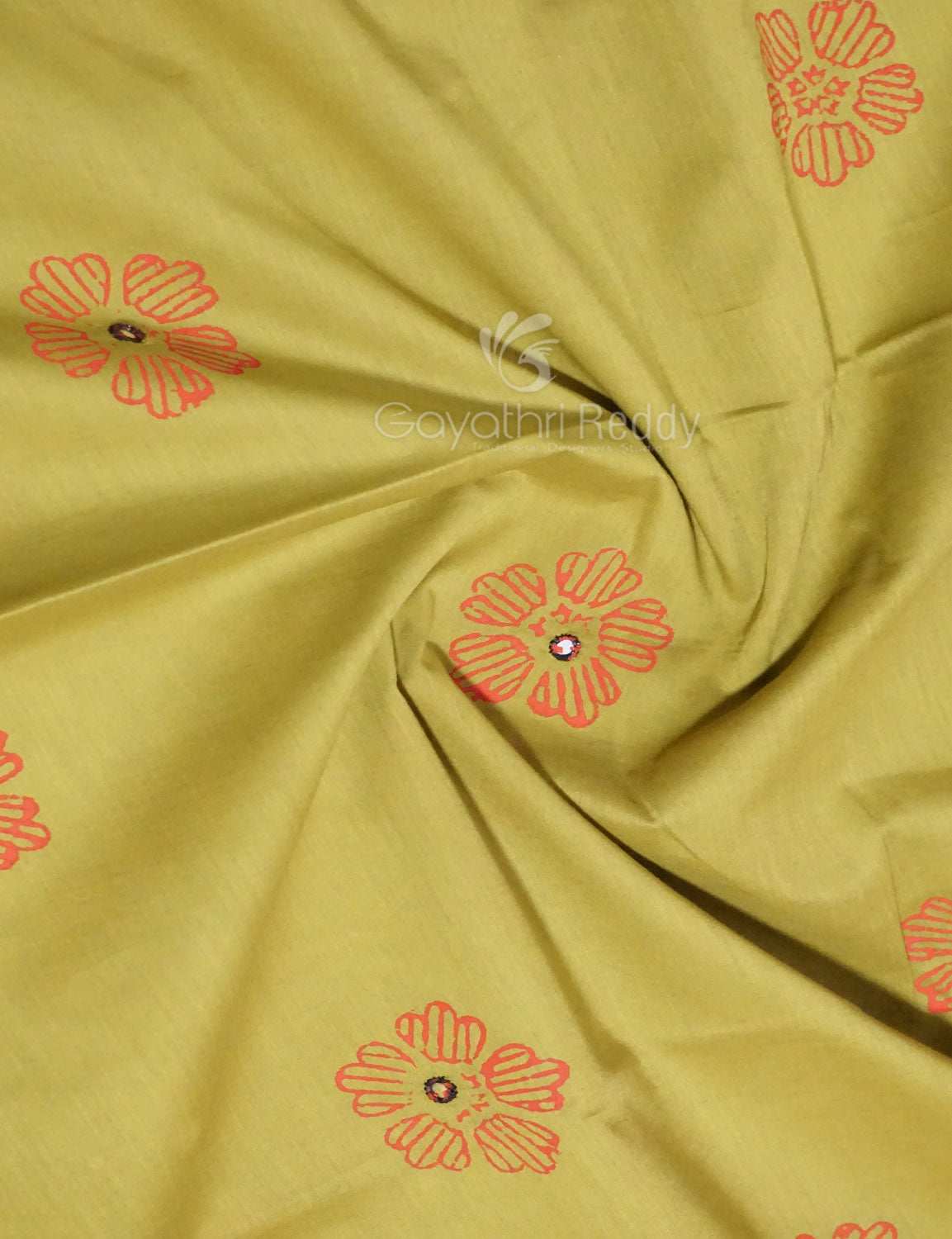 Mehndi Green Colour Block Print With Mirron Embroidered Pure Mulmul Cotton Saree By Gayathri Reddy Designer Studio