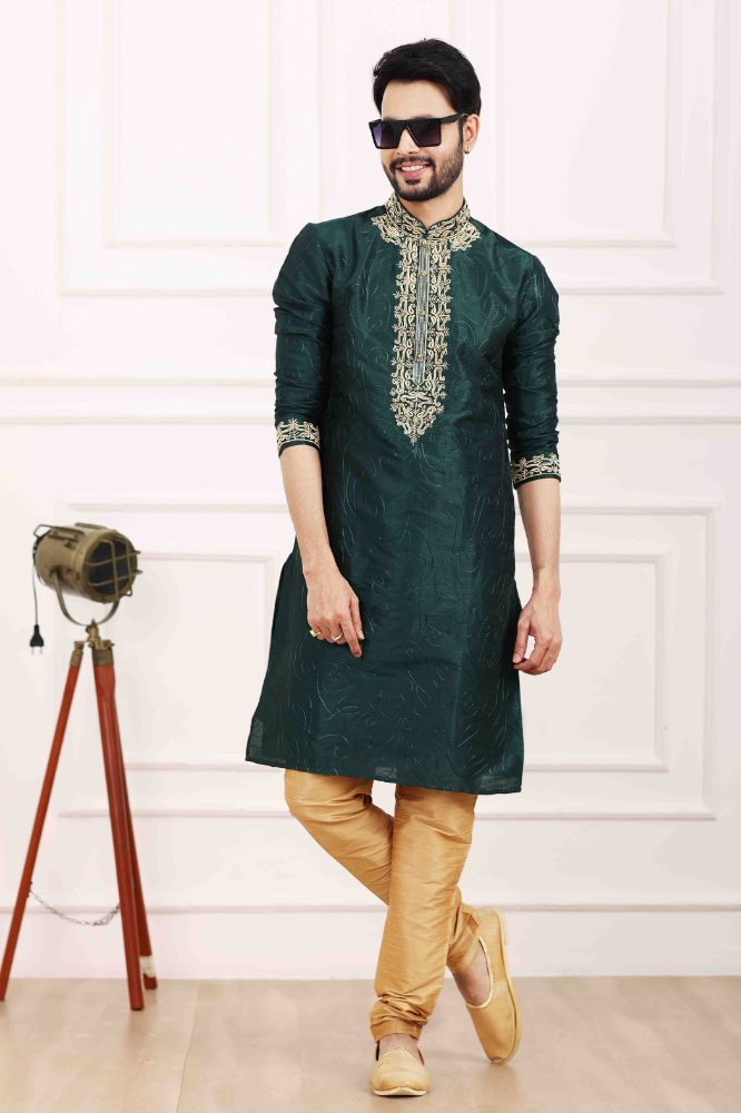 Raivat Ethnic Art Banarasi Silk Thread Work Kurta Pajama In Green Colour
