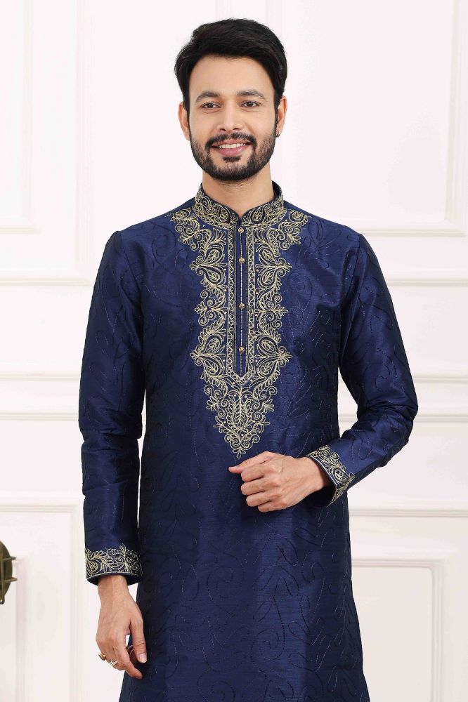 Raivat Ethnic Art Banarasi Silk Thread Work Kurta Pajama In Navy Blue Colour
