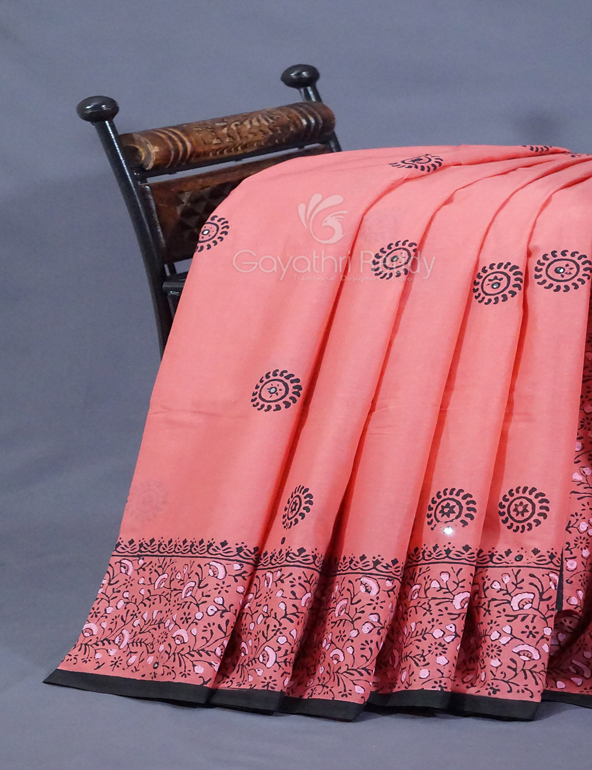 Peach Colour Block Print With Mirron Embroidered Pure Mulmul Cotton Saree By Gayathri Reddy Designer Studio