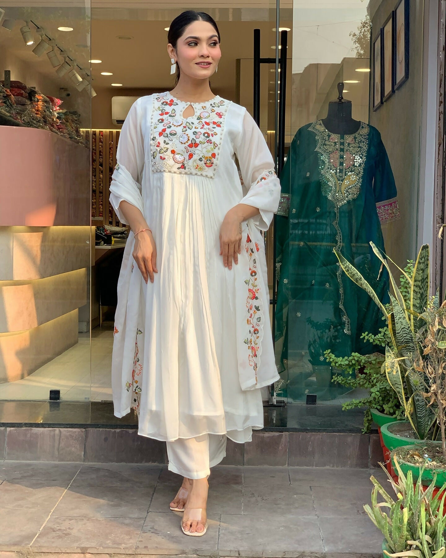 The52 White Women's Gorgeous Embroidered Viscose Chiffon Fabric Pleated Kurta Pant with Dupatta Set
