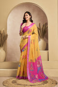 Vastranavya Mustard Digital Printed Linen Ready To Wear Designer Saree with Unstitched Blouse