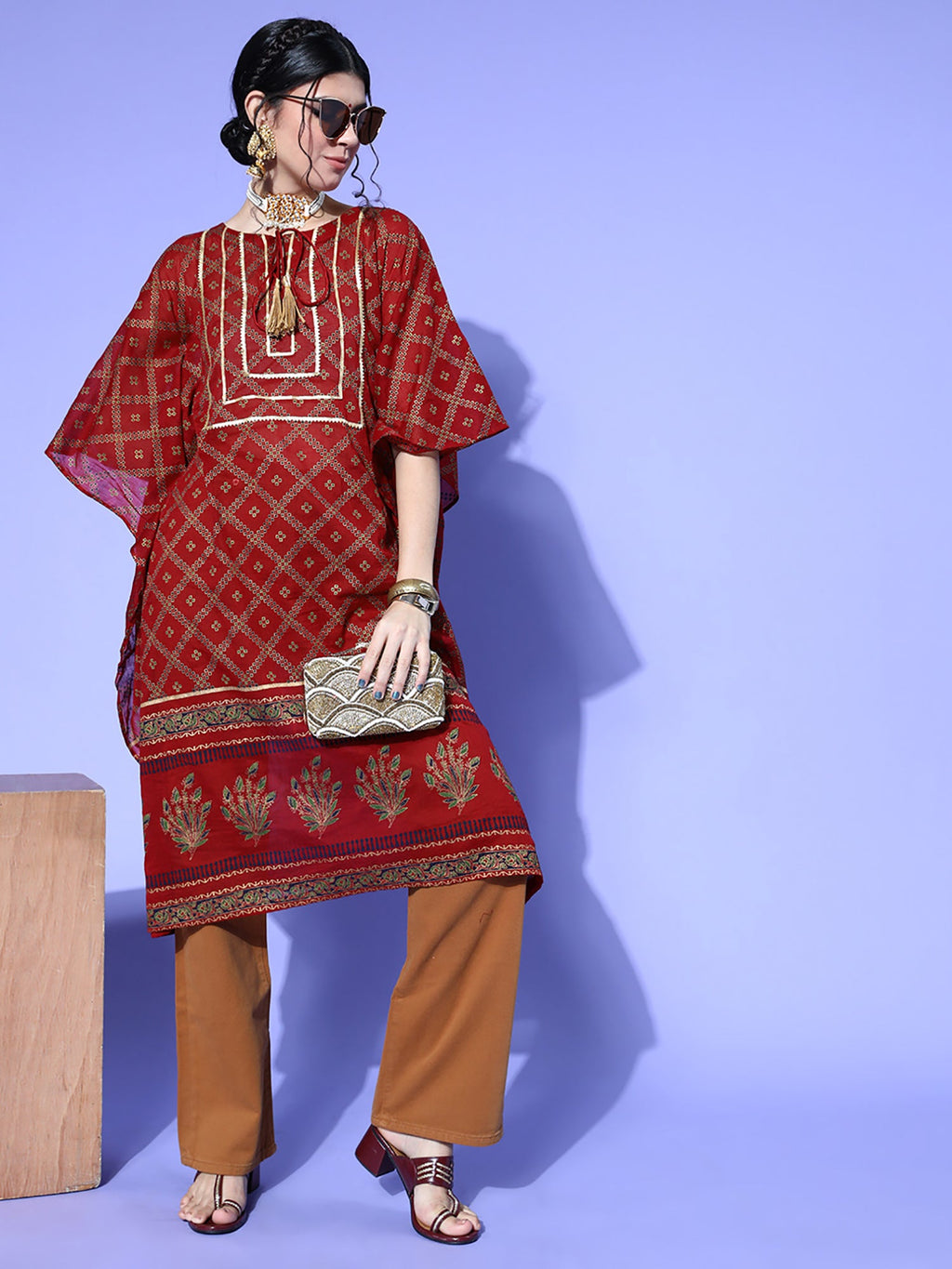Indo Era Red Printed Kuftan Kurta