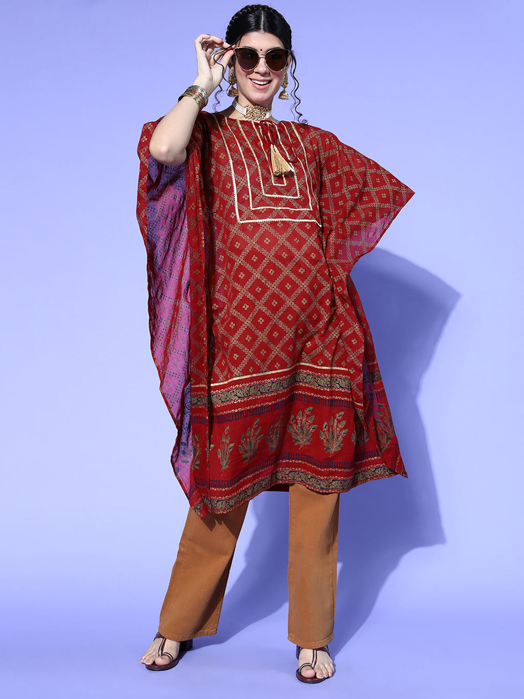 Indo Era Red Printed Kuftan Kurta
