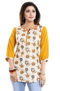 Snehal Creations Cream Cotton Printed Apple-Cut Short Tunic