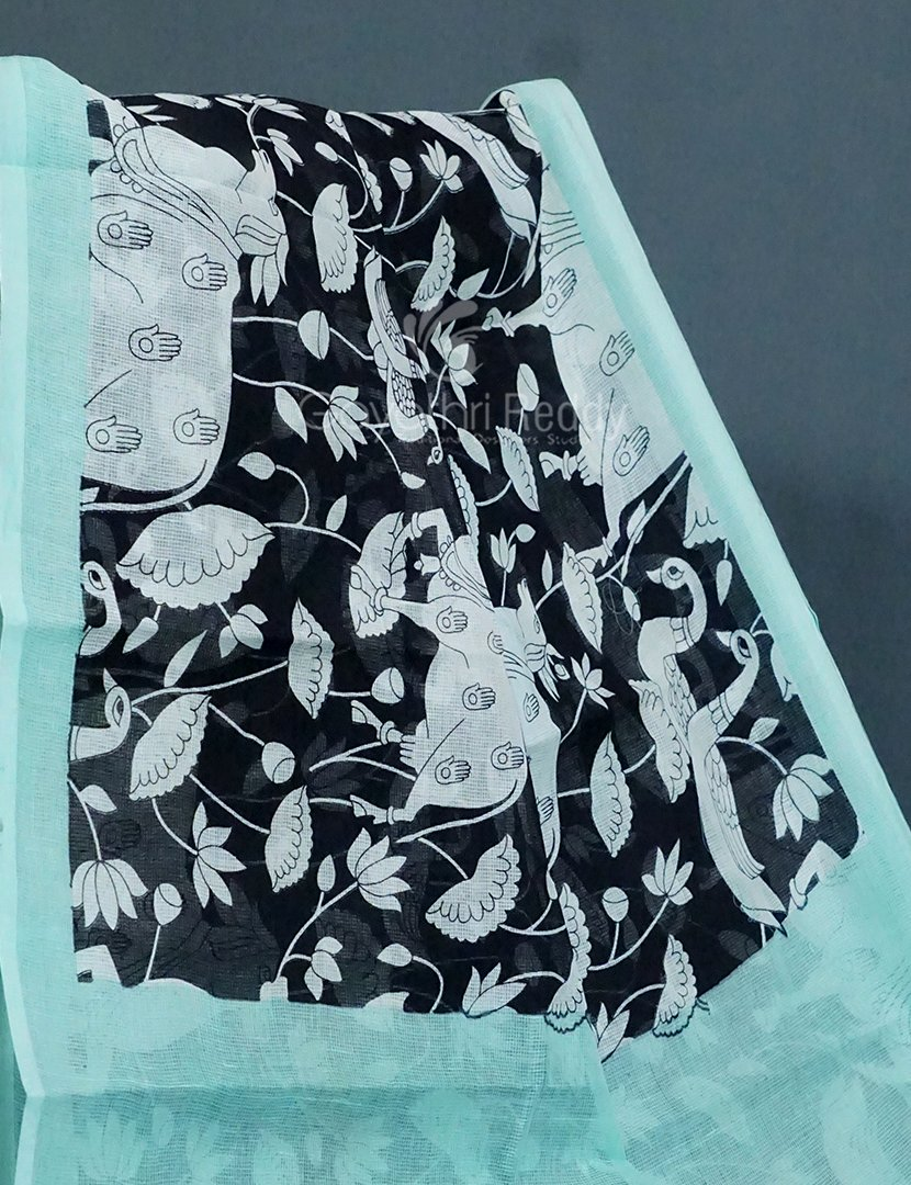 Shades of Black And Mint Green With Pichwai Print Munga Cotton Saree By Gayathri Reddy Designer Studio