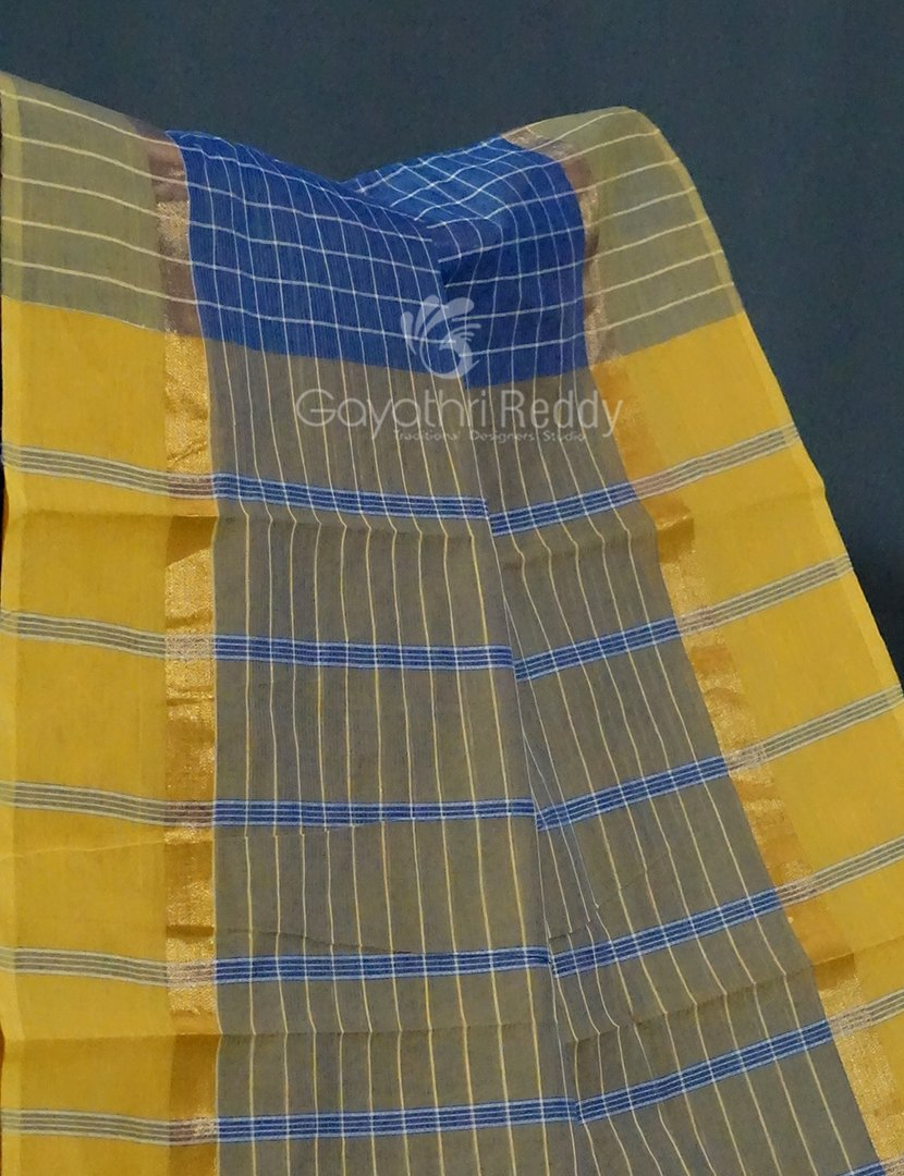 Denim Blue With Checks Pure Mangalgiri Cotton Saree By Gayathri Reddy Designer Studio