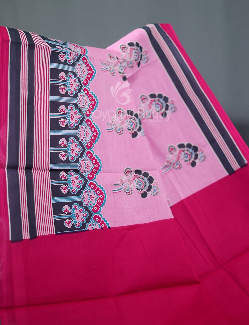 Block Print Baby Pink Combo Mulmul Cotton Saree By Gayathri Reddy Designer Studio