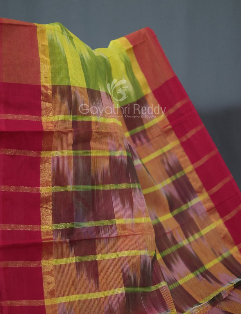Dual Shades of Lime Green Mangalagiri Ikkat Cotton Saree By Gayathri Reddy Designer Studio