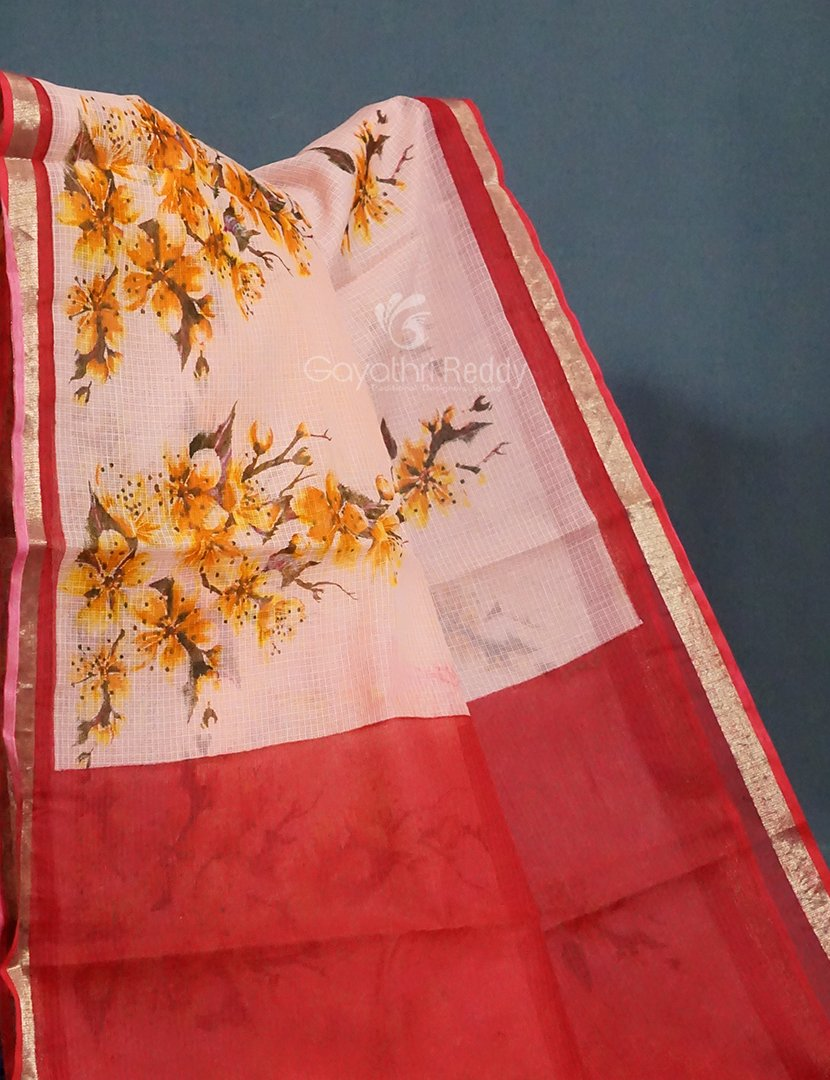 Peach Colour Block Print Pure Kota Cotton Saree By Gayathri Reddy Designer Studio