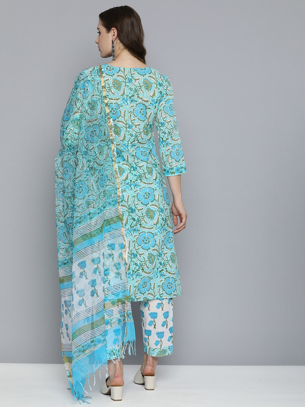 HERE&NOW Floral Printed Regular Pure Cotton Kurta with Trousers & With Dupatta