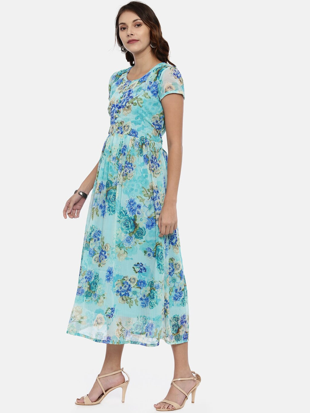 Souchii Sea Green & Blue Floral Printed A-Line Dress